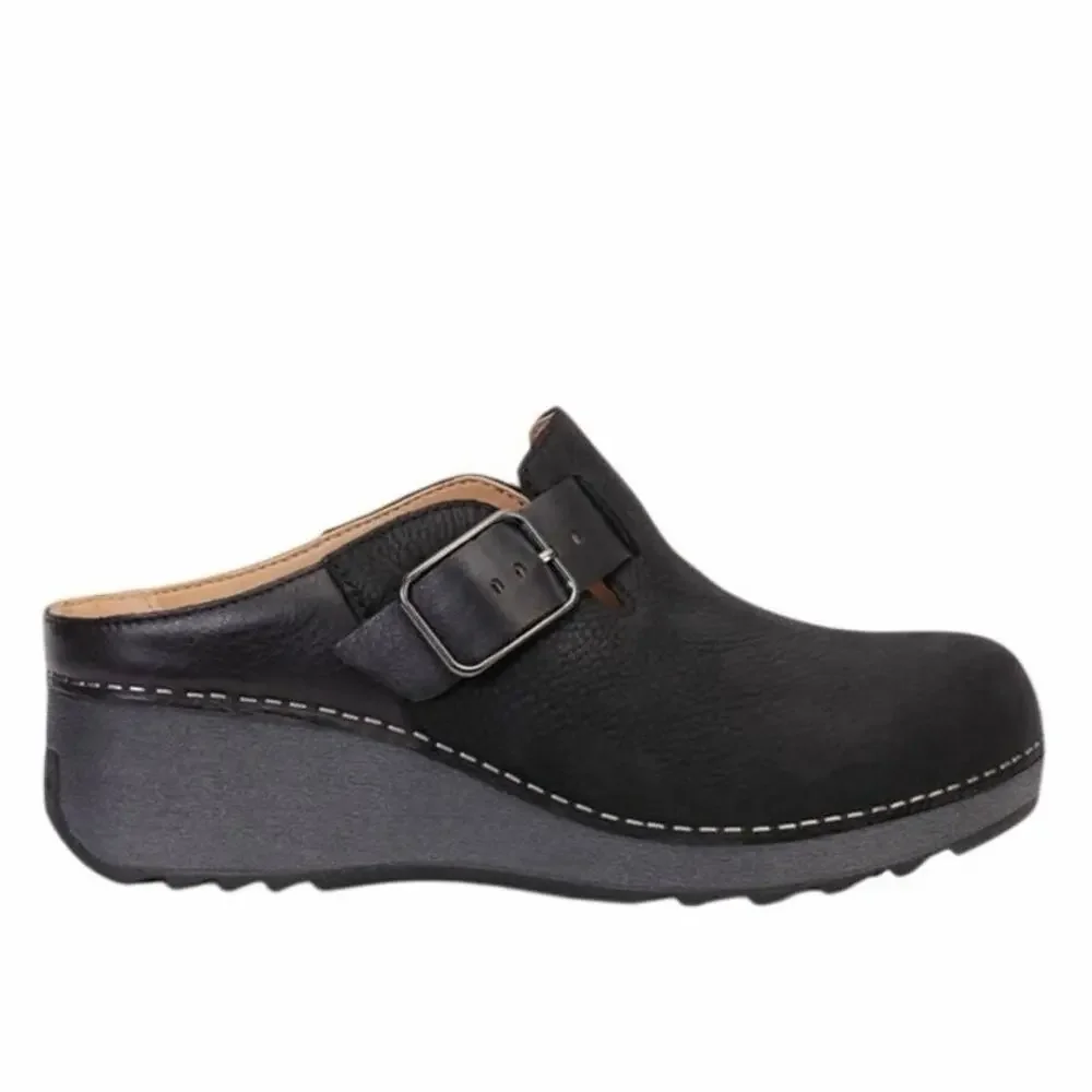 Dansko Women's 41 Caia black nubuck leather wedge mules
